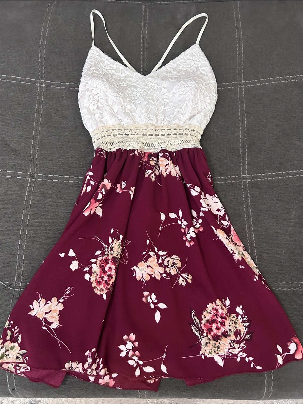 Papaya White Lace & Burgundy Floral Mini Dress